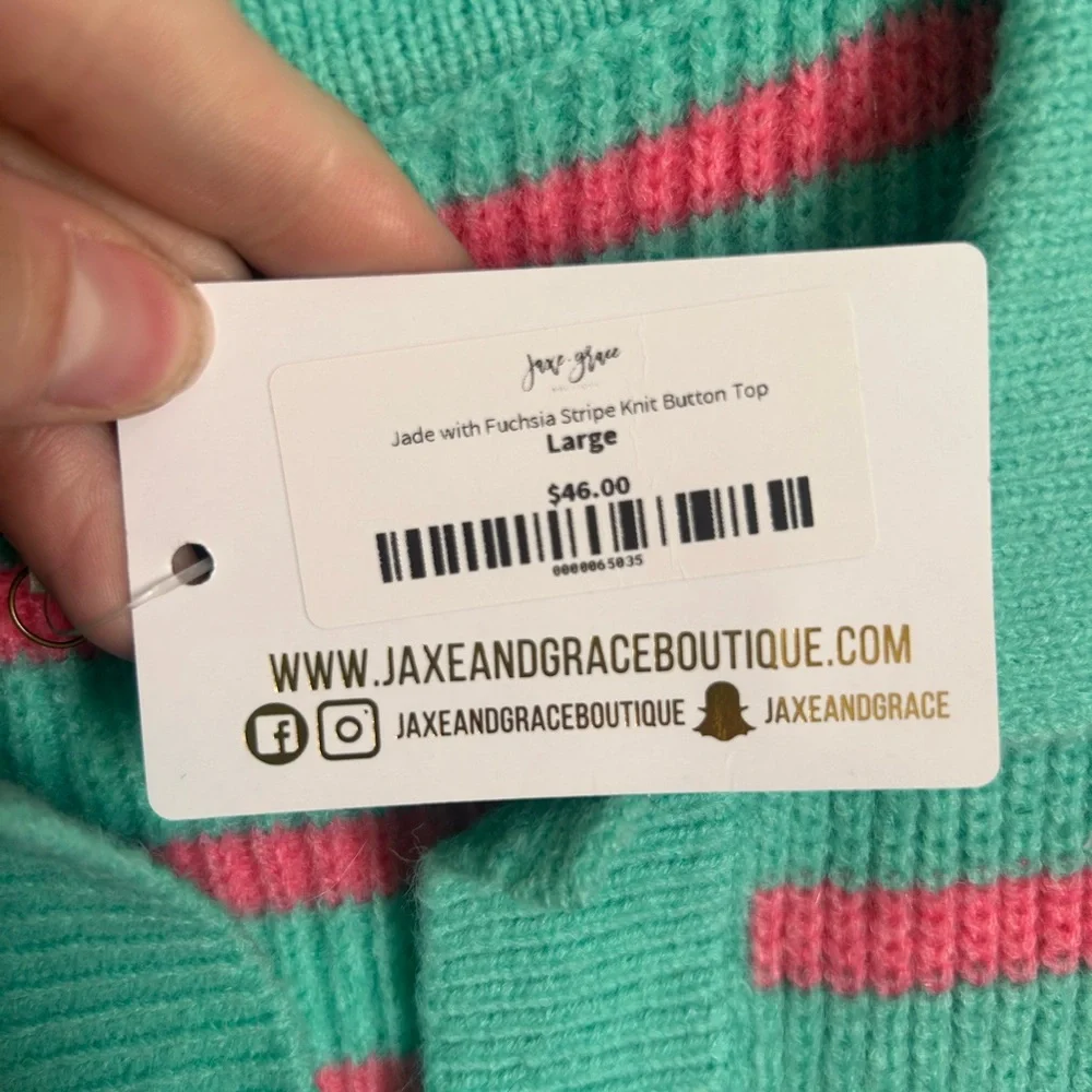 BiBi Women's V-Neck Striped Sweater - Teal and Pink - Picture 11 of 11